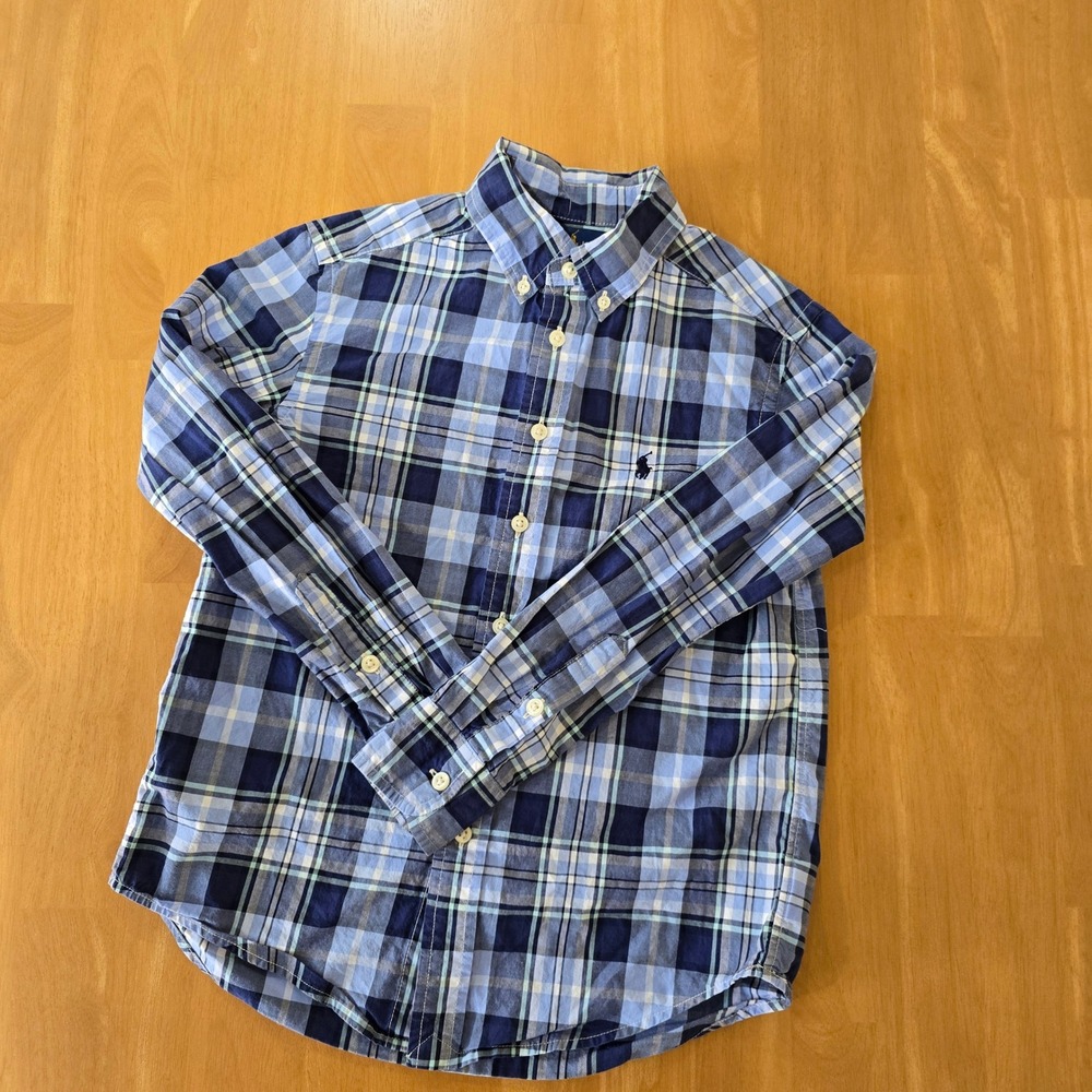 Ralph Lauren Plaid Button Down Shirt Boys Long Sleeve Blue Size 8 S/P